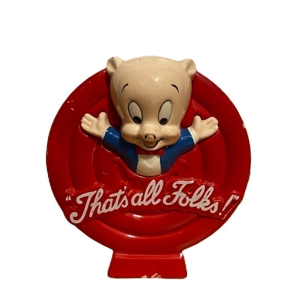 Vintage Porky Pig Warner Bros Piggie Money Bank Ceramic That’s All Folks Red